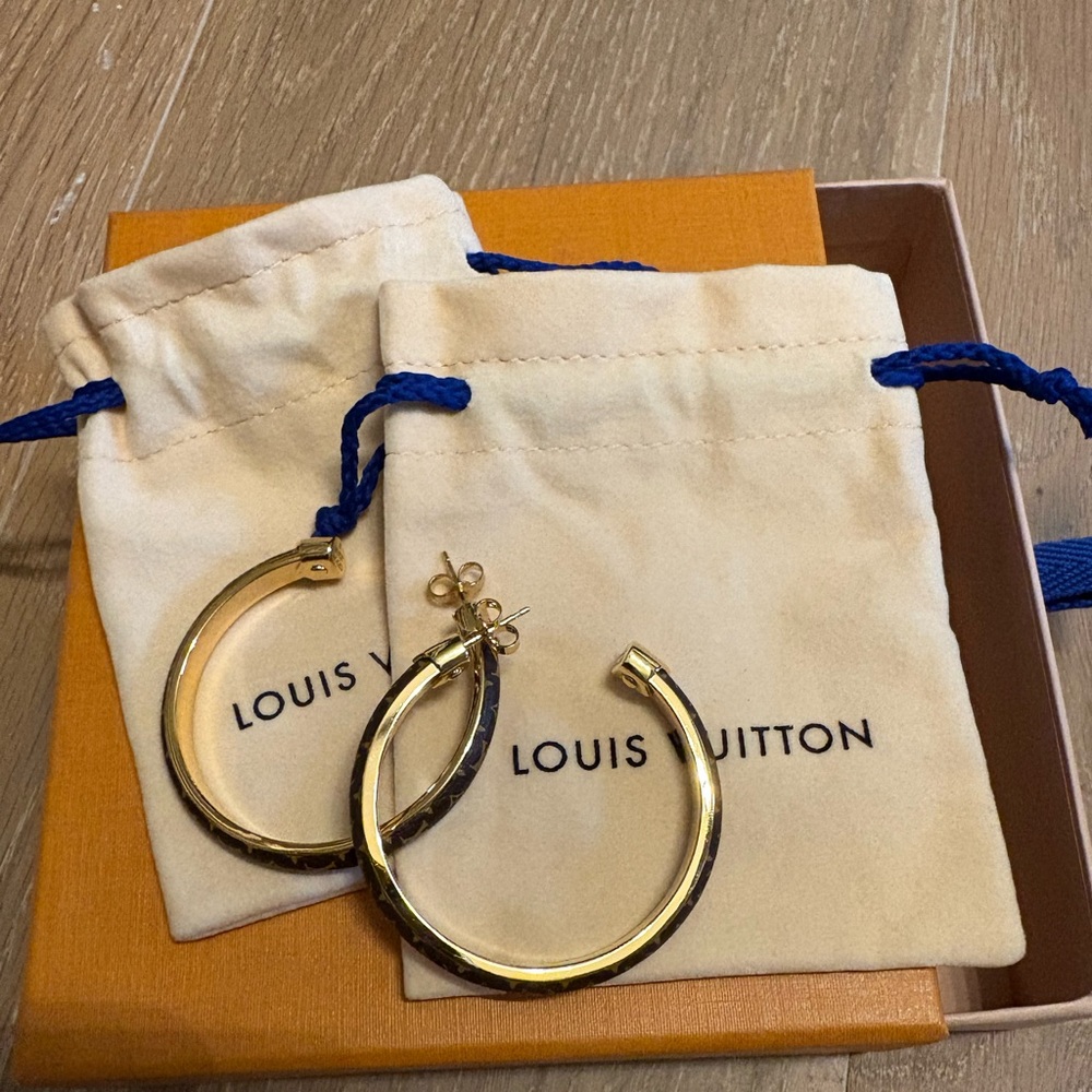 Louis Vuitton Brown and Gold Monogram Hoop Earrings